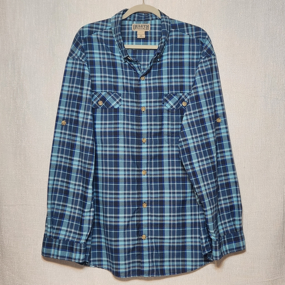 Duluth Long Sleeve Button Down 2XL Blue Plaid Lightweight Comfort